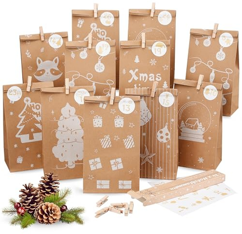 Adventskalender zum Befüllen - 24 Papier Adventstüten (mit 24 Zahlenaufklebern und Holzklammern) zum Basteln für Weihnachten - zum Basteln und Verschenken - Weihnachten & Adventskalender