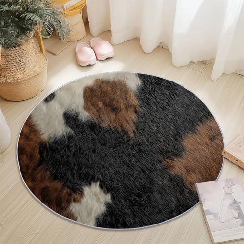 Teppiche für Wohnzimmer Rund, Animation Tierdruck Kuhfell Textur Druck design, Mehrfarbig Teppich Schlafzimmer Flanell Flauschig Weich rutschfest Fußmatte Waschbar für Kinderzimmer, Durchmesser 160 cm