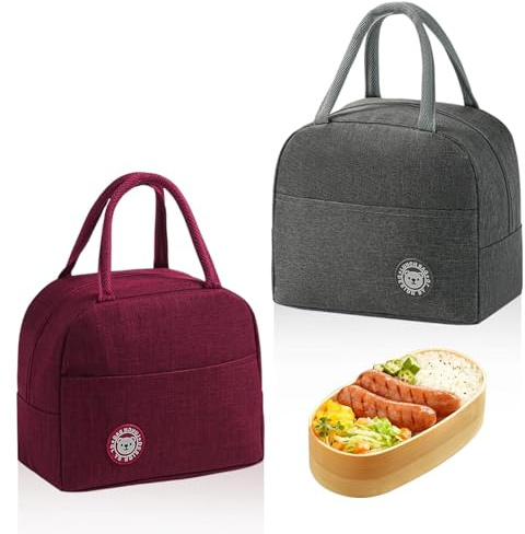 LNSYSNS 2 Stück Isolierte Lunchtasche, Faltbarer Thermotasche Klein, Tragbarer Lunchbox Tasche, Grau und Burgunderrot, Lunch Kühltasche für Büro, Schule und Camping