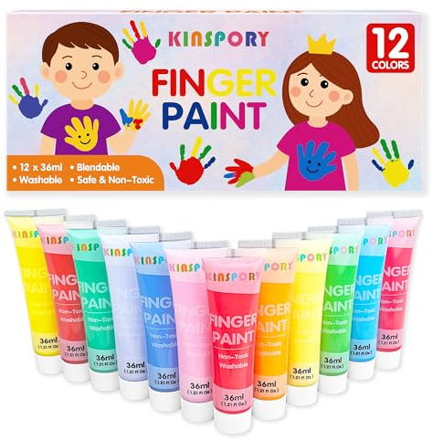 KINSPORY Pinturas de Dedos para Niños 12 x 36 ml – Pinturas Lavables para Niños Pequeños, No Tóxicas, Seguras para Manos y Pies, Materiales Artísticos Preescolares Regalos Creativos