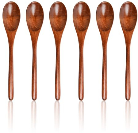Haoyic 6 Pcs Wooden Spoon, 8.85in Wooden Spoons for Cooking, Long Handle Nanmu Wood Teaspoons Cooking Serving Soup Spoons for Eating Mixing Stirring