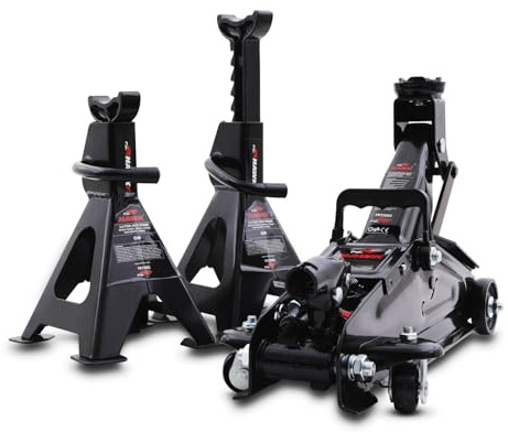 Hawk 2.0 Tonne Hydraulic Trolley Car Jack 2x Lockable Ratchet Axle Stand Kit | Stand: Height 282-424 mm | Jack: Height 131-338 mm, Item Weight 15 kg, Lift Limit 2,000 kg