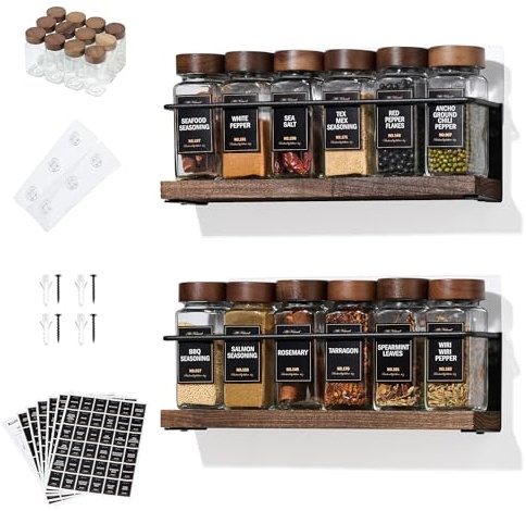 KitHero 2-stöckiges Wand-Gewürzregal mit 12 Gläsern, 216 Etiketten & Trichter, Schraub-/Klebemontage, Schwarz Metall & Holz, Aufbewahrung für Küche, Vorratsschrank, 29,5 x 6,1 x 8,1 cm