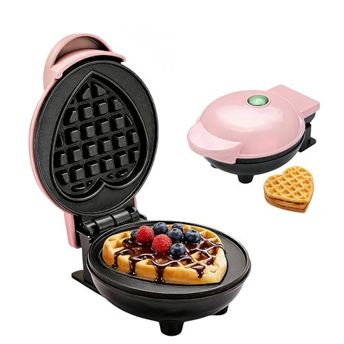 Mini waffle iron corazón - mini gofrera pequeña, producción de 3 minutos, diseño en forma de corazón, gofres para niños bebé y aperitivos (rosa)