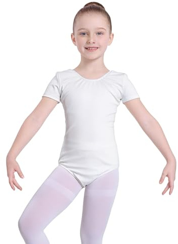 Carnavalife Maillot Ballet Niña Manga Corta Leotardo Danza Infantil Body Gimnasia Rítmica Elástico Escote Redondo Uniforme Clase Baile Negro Rosa Blanco (Blanco, 4-6)