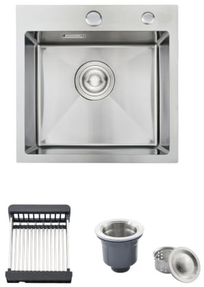 38 x 38 cm Evier Cuisine Inox 1 Bac avec Panier Télescopique, Brossé | Évier 1 Cuve Acier Inox, Pose Encastrée ou Sur Plan, Équipé de 2 Trous Robinetterie, Bonde de Vidange Complète