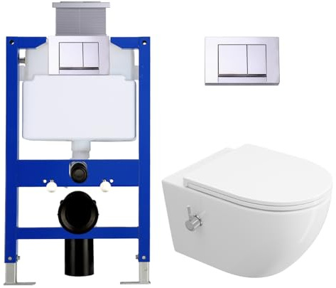 HOROW Dusch WC Spülrandlos Kalt-/Warm Wasser mit 02L Unterputz Spülkasten | Vorwandelement WC Set Komplett mit Drückerplatte, Hänge-WC mit Bidet Funktion, Wassersparend, Geräuscharm, für kleine Bad