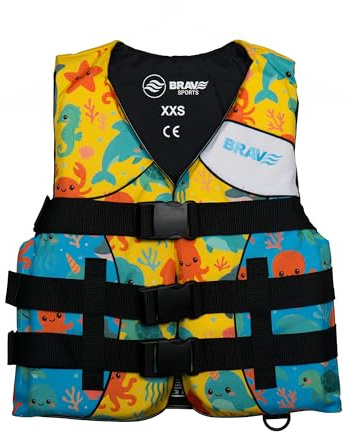 BRAVE SPORTS Chaleco Ayuda a la Flotabilidad Niños Yellow Reef 50N Certificado – Flotador Infantil Playa, Piscina, Kayak y Barco – Nylon Resistente + PVC – 3 Cintas – Talla XXS