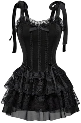 GORGLITTER Women's Velvet Lace Ruffle Mini Cami Dresses Tie Shoulder Bow Flared Flowy Goth Vintage Party Dress