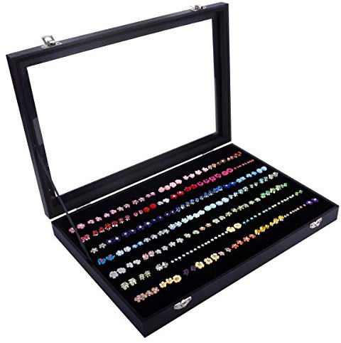 AUTOARK cajas para joyas con terciopelo,7 Ranuras,para joyas anillos pendientes,Tapa de Vidrio,Negro,AJ-084