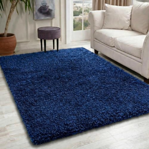 Oxford Plain Soft Thick Shaggy Living Room Area Rug, Navy, 120x170cm
