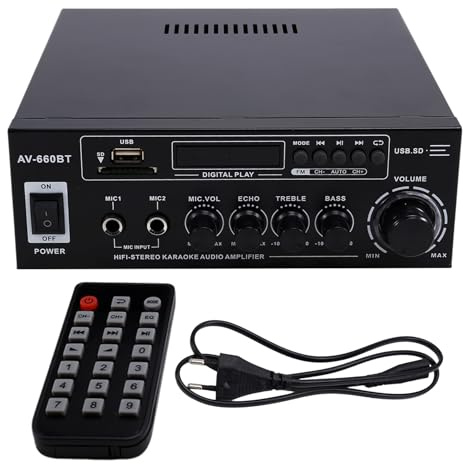Breeshy Amplificador de Sonido Bluetooth AV-660BT: Amplificador de Potencia Compatible con Bluetooth, Radio FM, USB, Tarjeta SD y Entradas de Micrófono Duales, Enchufe UE
