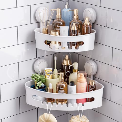 TAILI Shower Corner Shelves 2 Pack Corner Shower Caddy Suction Bathroom Shelf Small Bathroom Storage Triangle Shelf for Shampoo Conditioner Plastic Kitchen Accessories for Kitchen Drill-Free, White