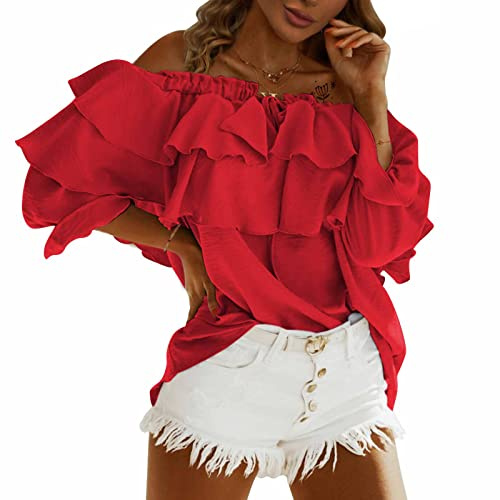 Byinns Women's Off Shoulder Ruffle Trendy Summer Fashion Long Sleeve Blouse Sexy Dressy Casual Outfits Layered Tops