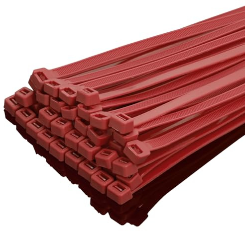 XINGO 100 Stück Kabelbinder strapazierfähig, Premium-Nylon-Kunststoff-Drahtbinder mit 50kg Zugfestigkeit, selbstsichernde Nylon-Kabelbinder für drinnen und draußen (400mm x 7.6mm, Rot)