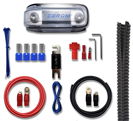 EBROM Batteriekabel Vollkupfer Car Hifi Kabel Set 10mm2, 16mm2, 25mm2, 35mm2, 50mm², Pluskabel + Massekabel, AFS oder ANL Sicherungshalter + Sicherung, Ringkabelschuhe + Gabelschuhe + 1 Meter Leerrohr