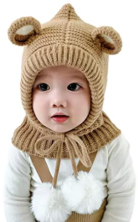 Uniyoung Baby småbarn vintermössa halsduk med öron barn stickad öronlapp huva mössa pompom utomhus varm skalle keps för 1-5 år flickor och pojkar, Brun, 1-5 Years
