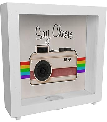 Say Cheese Rahmen Spardose aus Holz mit Retro Kameramotiv schöne Sparbüchse für Fotografen im Retrolook als Geschenk um für eine Neue Kamera oder Equipment zu sparen