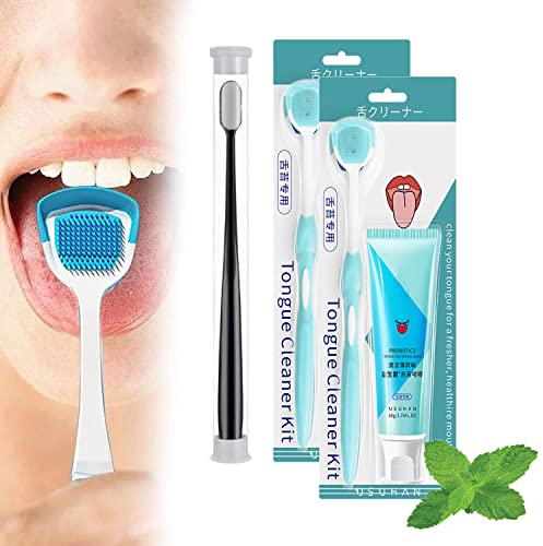 Oral Hygiene Brush & Tongue Cleansing Gel, 2023 New Probiotic Tongue Cleaning Gel Set, Tongue Cleaning Gel, Tongue Scraper Precise Cleaning Brush Kit, Tongue Cleaning Paste (2Pcs-Mint)