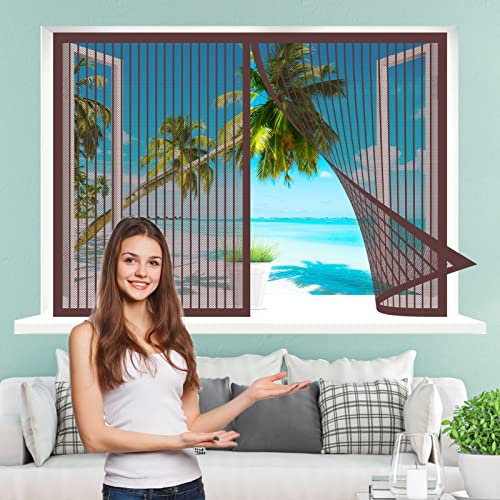Magnet Fliegengitter Fenster, 190 x 105 cm Insektenschutz, Insektenschutzgitter Terrassentür, vollmagnetisch, schließt automatisch für Windows/Wohnzimmer Fenstern, Braun