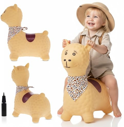 sun baby Hüpftiere ab 1 Jahr mit Pumpe aufblasbares Hüpfspielzeug aus Hochwertigem und Strapazierfähigem Gummi, Verschiedene Designs (Beige Lama)