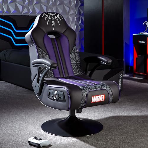X-Rocker Marvel Black Panther 2.1 Pedestal, Stereo Audio Gaming Chair - Bluetooth Connectivity, Reactive Vibration, Foldable Base, Wipe-Clean Faux Leather for Kids & Teens - Black & Purple - Licensed