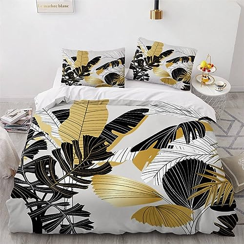 VIMOOR Plantes Tropicales Housse de Couette 240x260 Adulte 3D Motif Or Noir Parure de Lit 2 Personnes en Doux Microfibre Linge de Lit 3 Pièces avec Fermeture Éclai et 2 Taie d'oreiller 50x75