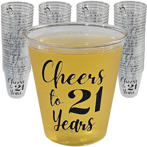 Cloverjoyed 21st Birthday Plastic Shot Glasses, 100 Pack, Cheers to 21 Years Disposable Party Drinking Mini Cups, Party Favors, Decorations, Games, Gag Gifts