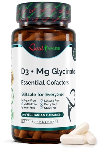 Bästa immunförsvaret Magnesiumglycinat 400 mg Vitamin D3 1000 IE Essentiella kofaktorer Premiumkvalitet 100 vegetariska kapslar