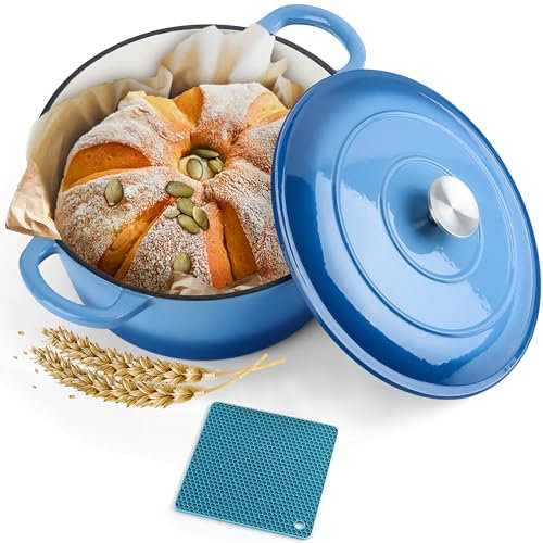 Herogo Horno holandés de hierro fundido esmaltado de 6 cuartos con tapa y salvamanteles de silicona, olla holandesa redonda azul con asas dobles para pan, hornear, guisar, asar varias estufas y horno