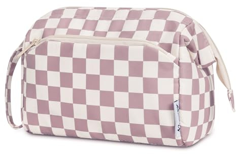 Narwey Large Makeup Bag Wide-Open Zipper Pouch Travel Wash Bag Toiletry Bag Cosmetic Organizer for Women (Pink Checkerboard)