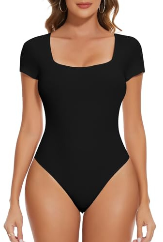 SHAPERIN Body Donna Scollo Quadrato Bodysuit Manica Corta Blusa Estiva Bodysuit Top Tinta Unita, Nero, XXL