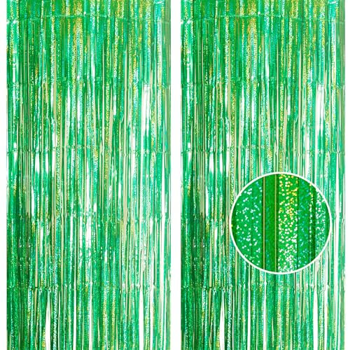 2pcs 3.2 x 8.3ft Glitter Green Tinsel Curtain Foil Curtain Decorations Metallic Tinsel Door Hanging Foil Flow Silk Streamers Photo Backdrop Decoration for Birthday Christmas Jungle Party Decor