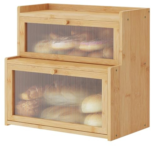 Furshus Double Layer Bamboo Bread Box for Kitchen Counter,Bread Holder,Countertop Bread Storage with Window (Natural)