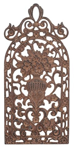 Sungmor Vintage Cast Iron Wall Plaque - Antique Style Carved Artwork, Decorative Metal Art Panel - Intricate Scroll and Floral Vase Design - Rustic Home & Garden Décor - 18 x 8, Natural Rust