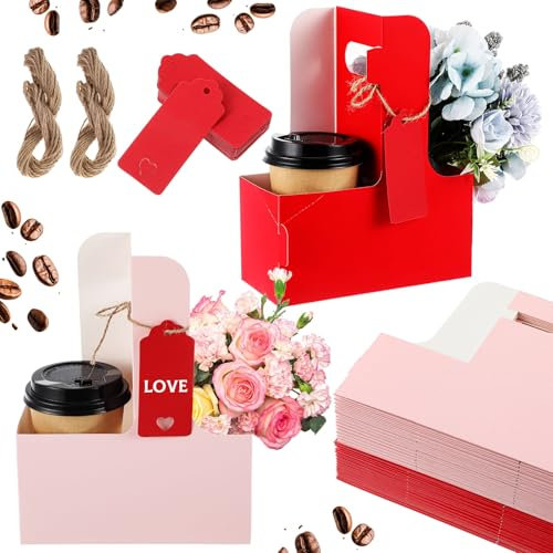 MotiMind 50 Pack Mother's Day 2 Cup Drink Carrier with Handle, Kraft Paperboard Teacher Cup Holder Portable for Hot Cold Drinks, Coffee Carrier Gift with Heart Card Rope (Red,Pink)