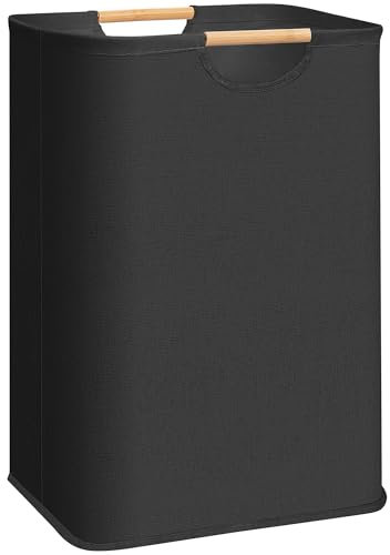 STORAGE MANIAC Large Laundry Hamper, 80L (21.1 Gal) Collapsible Laundry Basket with Bamboo Handles, Freestanding Waterproof Clothes Hamper for Laundry Room, Bedroom, Dorm, Towels, Toys, Black