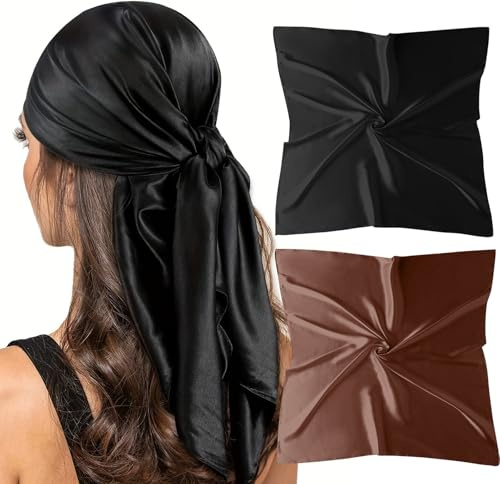 Black Silk Scarf for Women-35 Inch Square Satin Head Scarves for Hair Wrapping Coffee Bandanas Silk Neck Scarf (2 Pack-Black+Coffee)