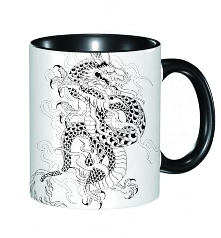 HRRASFAZF Tasse à Café | Tasse Céramique Fine | Cadeau Original | 330ml | Mug avec Anse | Cadeau Original pour Homme et Femme | Dragon japonais, puissant croquis de style antique ancien