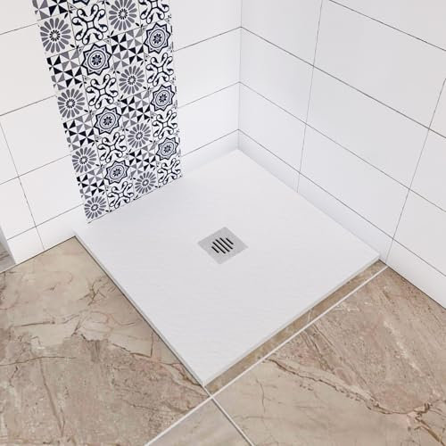 Receveur de douche blanc 80x80x3cm - Extra plat - En résine - Avec bonde d'évacuation - Grille en ABS - Bac à douche carré