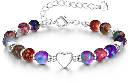 JeweBella Perlenarmband Damen Boho Armband Damen Silber Freundschaft Edelstahl Herz Charm Rosenquarz Obsidian Tigerauge Natürliches Edelstein Armbänder Damen Geschenk Verstellbar 6MM