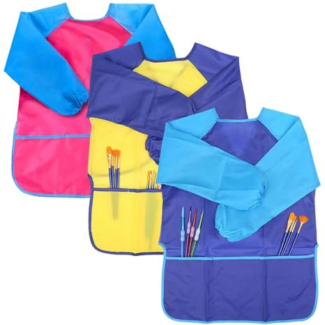 MIVAIUN 3 Pezzi Grembiule da Pittura Bambini Impermeabile con 3 Tasche, Bavaglino con Maniche Lunghe, Grembiule Bambini per 3-8 Anni Pittura Cucina Scuola (3 Pezzi)