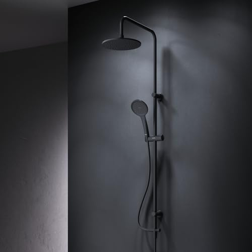 AM.PM Hit – Duschsystem mit Regendusche | Duschgarnitur mit Kopfbrause & Handbrause 1 Strahlart | Duschstange teleskopisch | Duschset mit Schlauch | Rub&Clean Antikalk | Dusche komplett Set | Schwarz