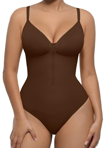 FeelinGirl Shapewear Bodysuit magkontroll för kvinnor kroppsformare med dragkedja, Mörkbrunt, S