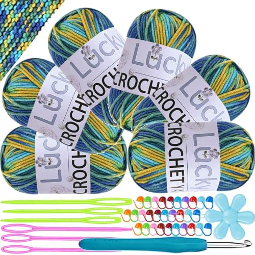 Handstickgarn, 6 x 50 g virkgarn, färgrik färggradient akrylgarn för stickning, mjuk ull för virkning, flerfärgat garn för stickning, virkning och pyssel (blå-gul)
