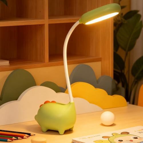 Mineup Lámpara de Escritorio para Niños, Lámpara de Mesa Dinosaurio, Lampara Escritorio Infantil, protección ocular de bajo consumo, 3 Modos, recargable, regalo para niños y niñas, verde