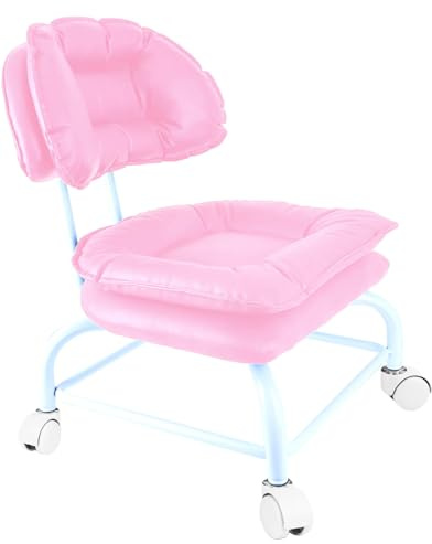 IMMER LIEBEN Rolling Stool Wide Seat with Back Rolling Chair with Wheels for Home Office Garage Shop Waterproof Roller Seat Durable Steel Stand Light Pink