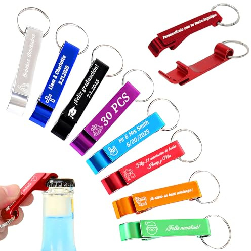 FKF Llaveros Abrebotellas Personalizados - Abridor Personalizado con Logo/Texto para Regalo - Detalles de Boda para Invitados, Llaveros Originales para Eventos y Empresas (30 Abrebotellas)