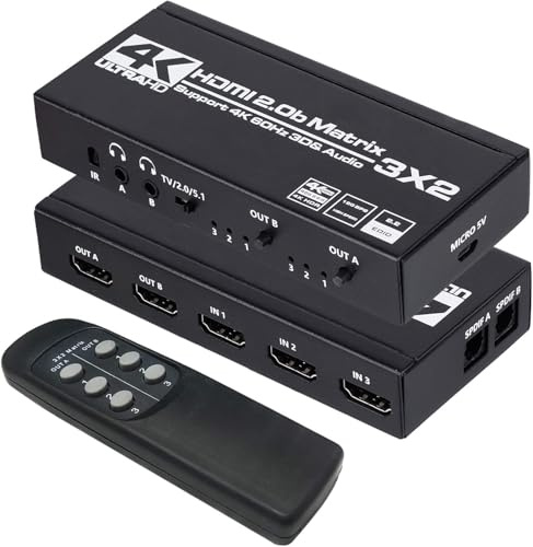 HDMI Matrix 3x2 4K 60Hz Matrix Switch 3 in 2 Out Switcher Splitter Box con extractor EDID y control remoto IR, compatible con Ultra 4K HDR, 3D/1080P, HDMI 2.0b, HDCP 2.2