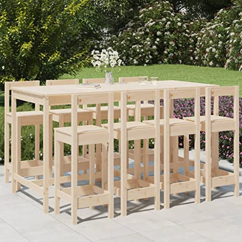 QJBSAVVA 9-TLG. Gartenbar-Set Kiefer 203,5 x 90 x 110 cm Massivholz Bierzeltgarnitur mit 8 Barhockern Robust und Modern für Balkon Terrasse Lounge und Garten